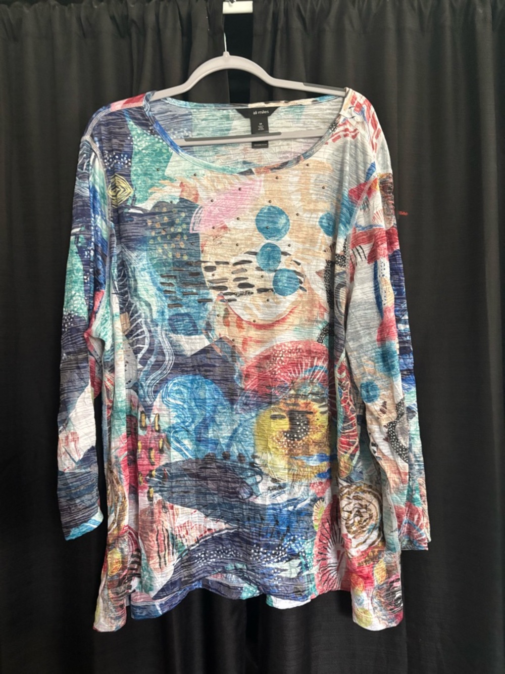 Ali Miles Multicolor Abstract Print Long Sleeve Tunic - Blue, Pink, Yellow